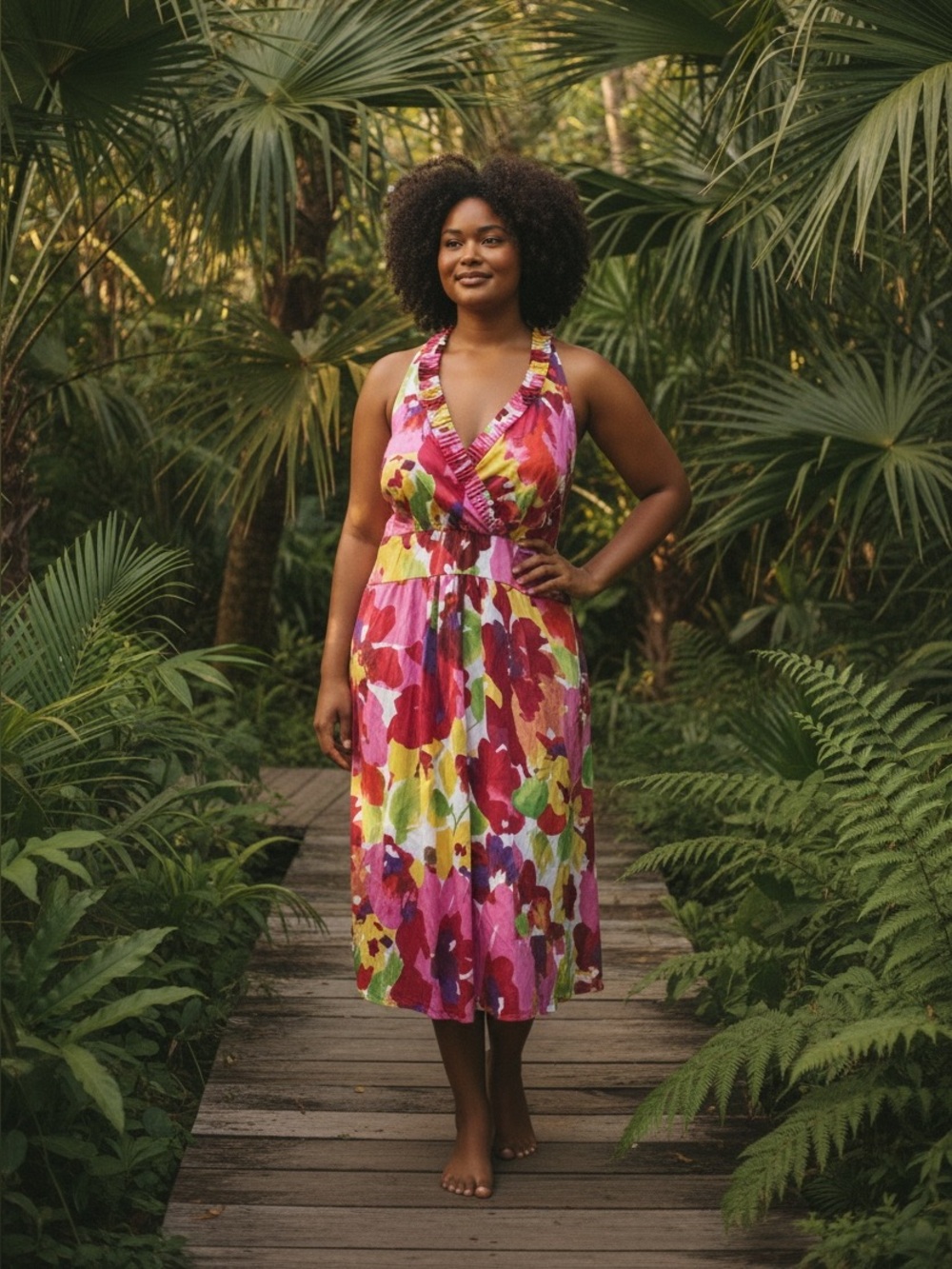 Blu Sage Floral Halter Ruffled Trim V- Neck Sundress NWT